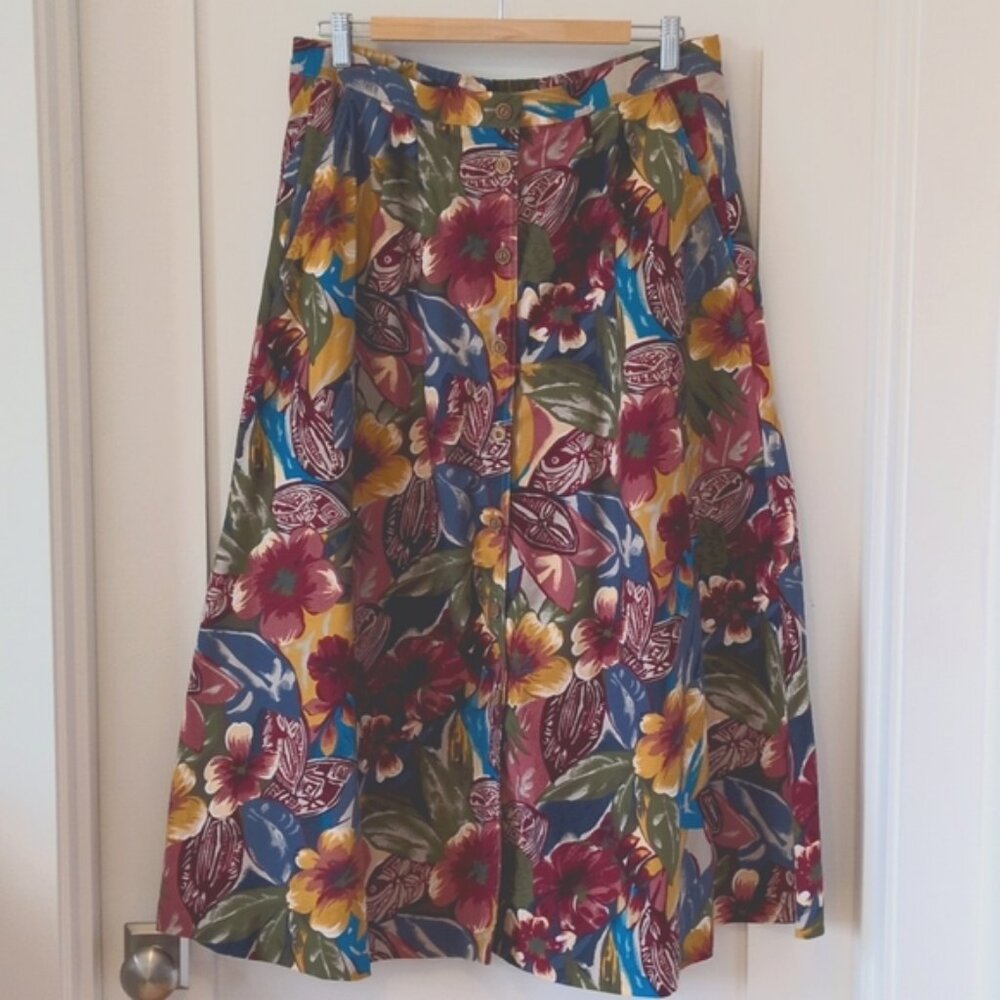 Vintage Lucia Floral Midi Skirt With Buttons Size 12